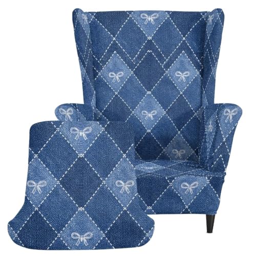 Blue Wingback Chair Slipcover Plaid Bow Pattern Durable Stretch Fit