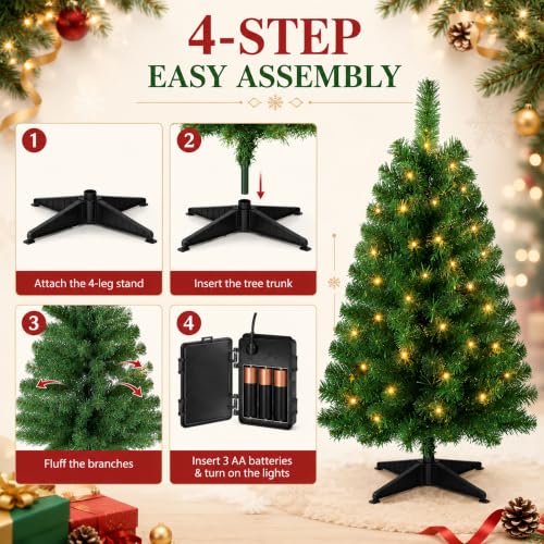 3FT Pre-lit Artificial Christmas Tree with 50 LED Lights - Green with Lights