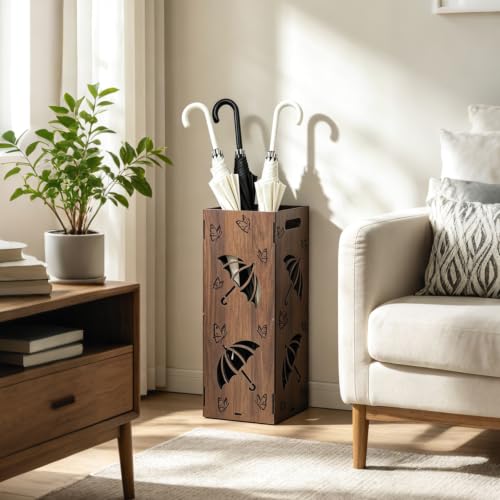 Vintage Wooden Umbrella Stand for Entryway with Butterfly Pattern - Freestanding Holder