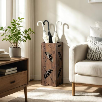 Vintage Wooden Umbrella Stand for Entryway with Butterfly Pattern - Freestanding Holder