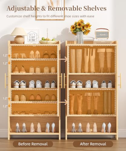 Keehusux Rattan Shoe Cabinet with Doors & Adjustable Shelves - Natural Oak