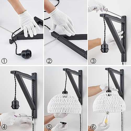 KAMTAT Boho Rattan Plug in Wall Sconces White Hand Woven Wall Lamp with Plug in Cord Rattan Wall Lights Wall Sconce Wall Mounted Light Boho Wall Lighting for Bedroom Living Room(1PK)