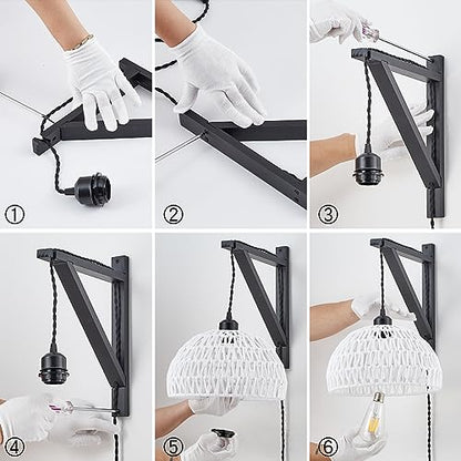 KAMTAT Boho Rattan Plug in Wall Sconces White Hand Woven Wall Lamp with Plug in Cord Rattan Wall Lights Wall Sconce Wall Mounted Light Boho Wall Lighting for Bedroom Living Room(1PK)