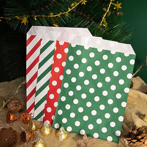 Christmas Treat Bags 100 Pack - Red and Green Polka Dot & Striped Paper Gift Bags