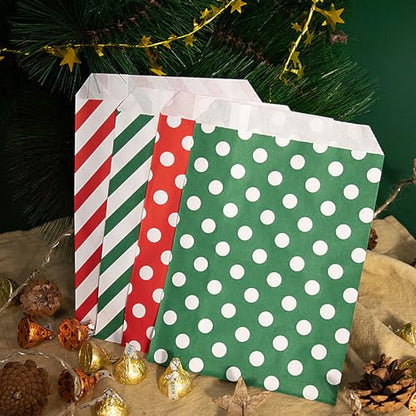 Christmas Treat Bags 100 Pack - Red and Green Polka Dot & Striped Paper Gift Bags