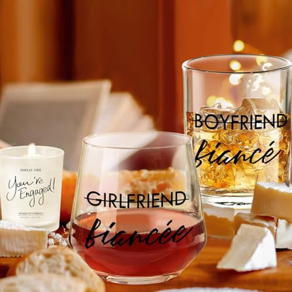 Engagement Gift Set for Couples - 10 oz Whiskey & 12 oz Wine Glasses - Fiancé and Fiancée Variation
