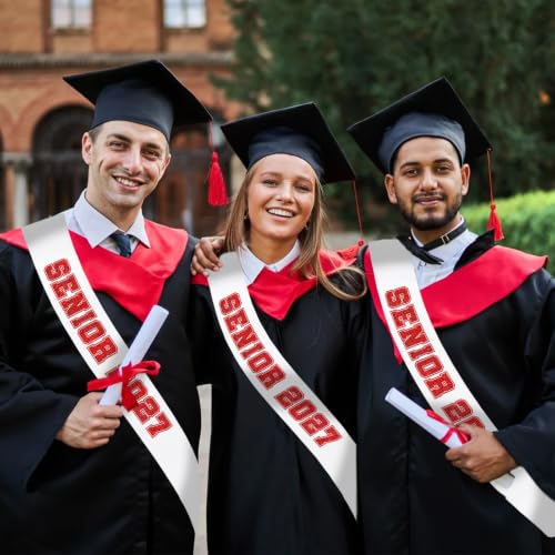 10pcs White Satin Graduation Sashes with Red Glitter Letters - Senior 2027 Party Decorations