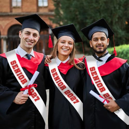 10pcs White Satin Graduation Sashes with Red Glitter Letters - Senior 2027 Party Decorations