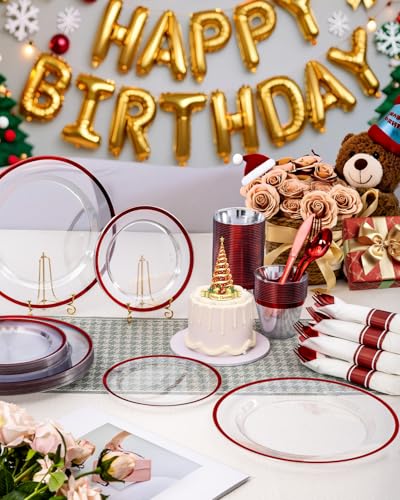 Red Plastic Dinnerware Set for 25 Guests - 175 Pcs, Party Disposable Plates & Cups
