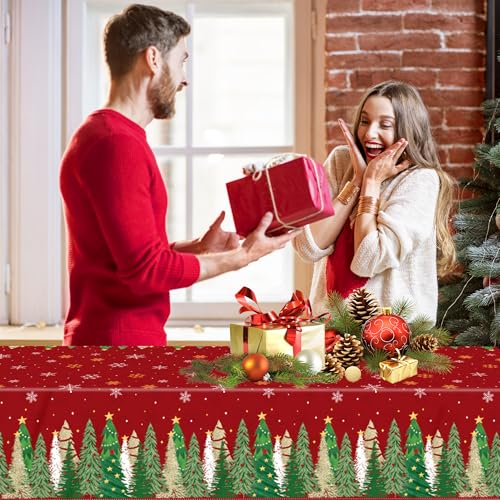 Christmas Tablecloths 2 Pack - Red Holiday Plastic Rectangular Cover 54x108 Inch