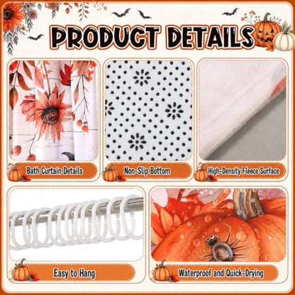Halloween Floral Shower Curtain Set with Ghosts Pumpkins & Flowers - Tiamon