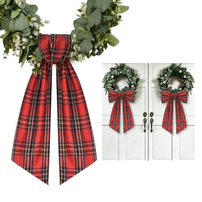 Red Buffalo Plaid Wreath Sash Set for Front Door Holiday Decorations - 2 Pack
