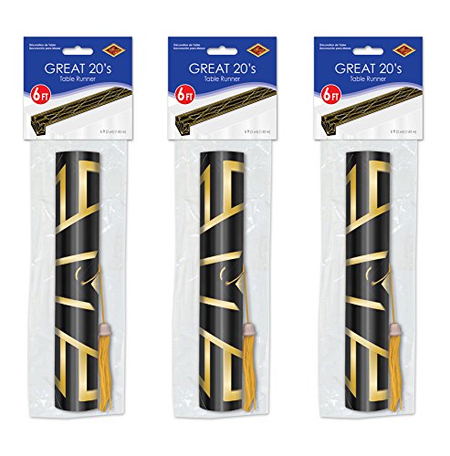 3 Pack Art Deco Black and Gold Printed Table Runners - 11" x 6' for Vintage Parties