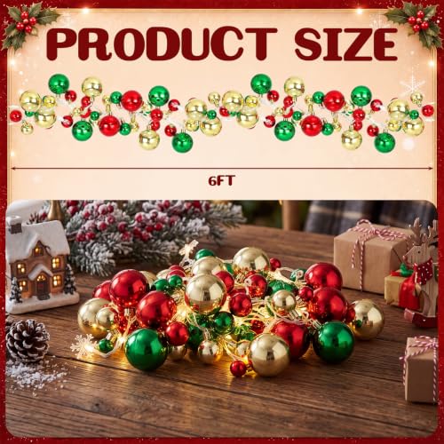 Lighted Christmas Garland with Red and Green Ornaments and Snowflake Lights - Battery Operated, Indoor Outdoor Decor