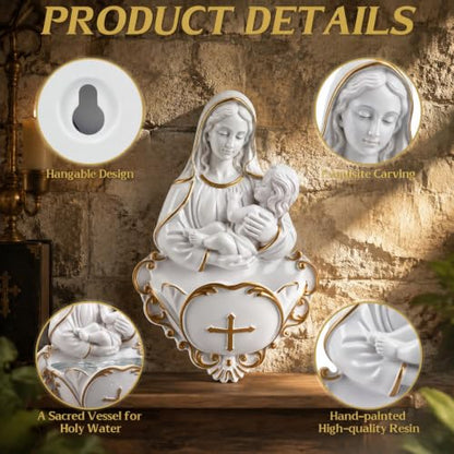 Wall Virgin and Child Holy Water Font for Religious Home Decor