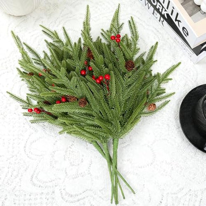 24 Pack Norfolk Pine Stems with Cone and Red Berry - Artificial Holiday Greenery