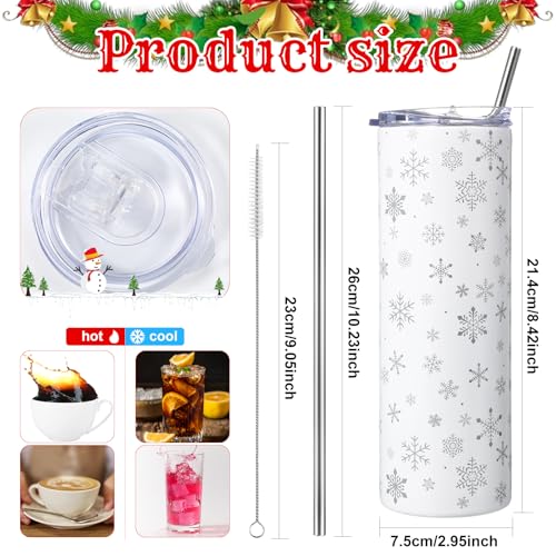 Snowflake Tumbler with Lid & Straw - 20 oz Stainless Steel, White - Geiserailie