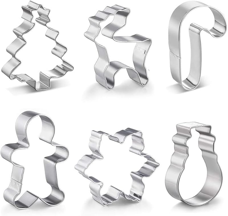 6Pcs Christmas Cookie Cutter Set - Stainless Steel Snowflake, Tree, Reindeer, Candy Cane, Gingerbread Man, Snowman (Variation: Christmas)