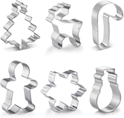 6Pcs Christmas Cookie Cutter Set - Stainless Steel Snowflake, Tree, Reindeer, Candy Cane, Gingerbread Man, Snowman (Variation: Christmas)