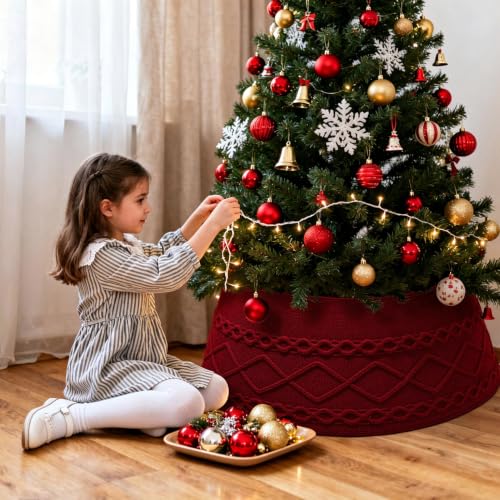 Christmas Tree Collar Xmas Tree Skirt Red Knit Base Cover with Clips