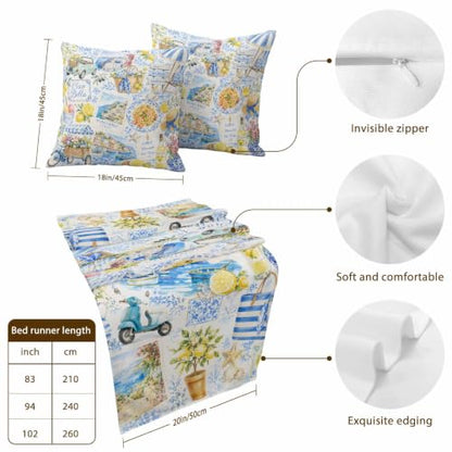 Summer Village Bed Runner & Pillow Cover Set Coastal Blue Lemon Yellow 102"