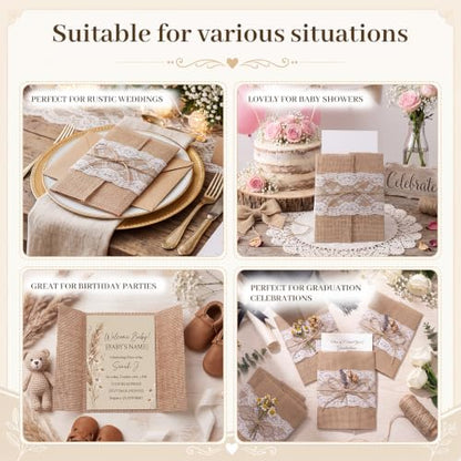 50-Piece Rustic Burlap Wedding Invitation Jackets with Lace & Rope Kit