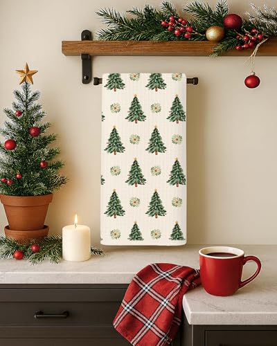 Christmas Tree Kitchen Towels - Farmhouse Holiday Wreath & Pine Design - 16x24 Inch - Variation of THIS listing