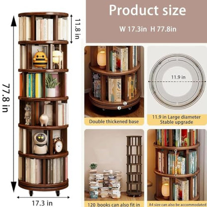 Dark Walnut 6-Tier Solid Wood Rotating Bookshelf Tower - 360° Revolving Book Shelf
