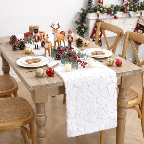 Silver Sequin Tree Christmas Table Runner Faux Fur 13x72 Inch - Holiday Decor