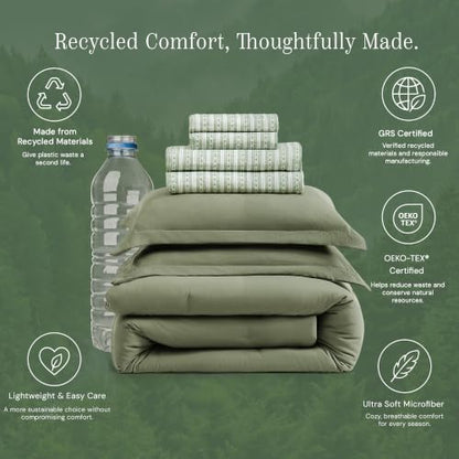 Queen Comforter Set with Sheets - Alpine Green, 7 Pieces Recycled Bedding