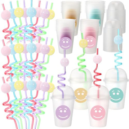 24 Pack Smile Face Pastel Cups with Lids and Straws - 12 oz Party Drinkware