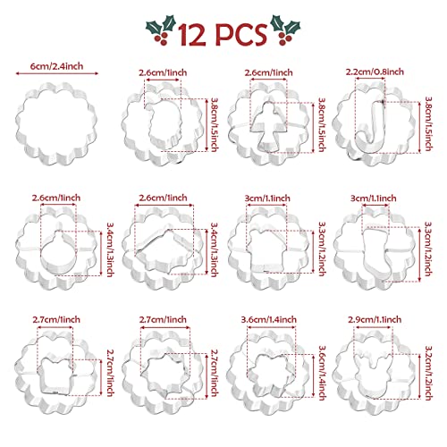 Christmas Metal Cookie Cutters Set - 12 Designs including Wreath Gingerbread Snowflake Deer