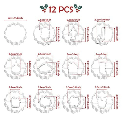 Christmas Metal Cookie Cutters Set - 12 Designs including Wreath Gingerbread Snowflake Deer