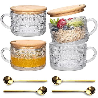 Vintage Glass Coffee Tea Cups Set - 4 Pack 14 oz Embossed Clear Mug with Handles & Spoons