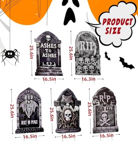 Halloween Tombstones Outdoor Graveyard Decorations 25.6 Inch 5-Pack - Creepy Spooky Yard Decor with Weatherproof Plastic Stakes