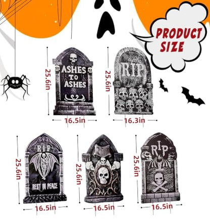 Halloween Tombstones Outdoor Graveyard Decorations 25.6 Inch 5-Pack - Creepy Spooky Yard Decor with Weatherproof Plastic Stakes