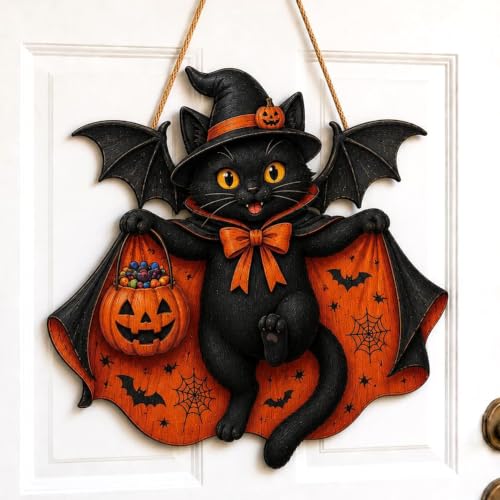 Halloween Black Cat Door Sign with Bat Pumpkin Wreath Wood Decor