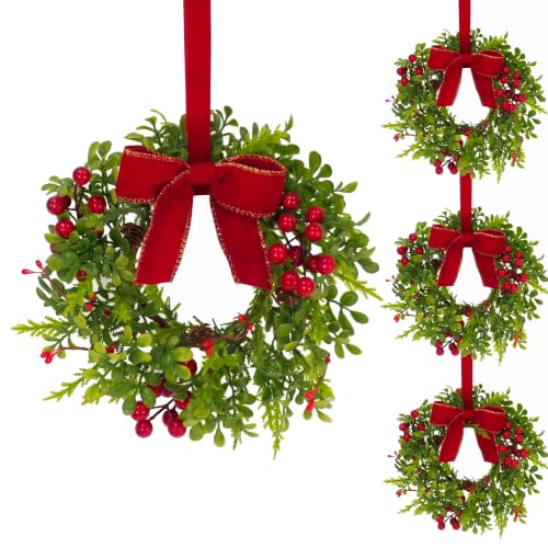 Green Christmas Mini Wreaths Set of 4 with Pinecones Berries Ribbon for Holiday Decor