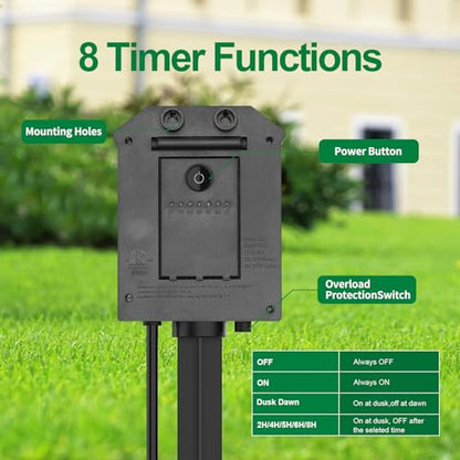 Tiffcofio Outdoor Power Stake Timer 6FT Extension Cord Waterproof Remote Control