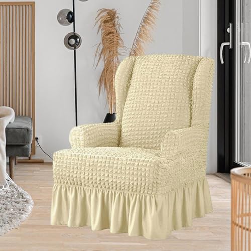 Beige Wing Back Chair Slipcover with Skirt - Non Slip Washable Furniture Protector