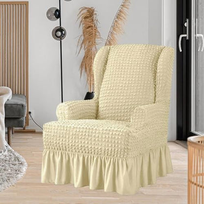 Beige Wing Back Chair Slipcover with Skirt - Non Slip Washable Furniture Protector