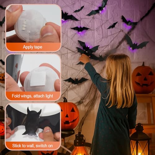 Halloween 3D LED Bat Decorations - 12pcs Glowing Wall Bats for Party & Home Decor
