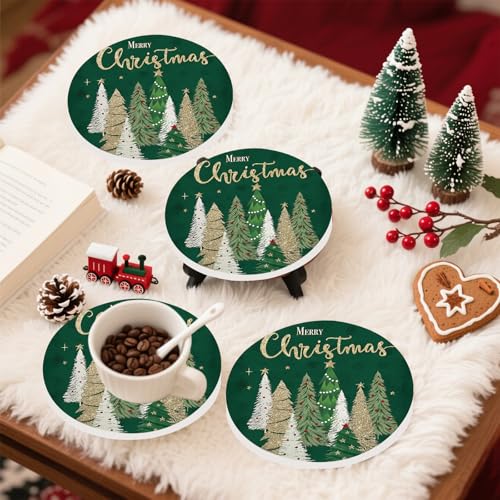Christmas Ceramic Coasters Green Gold Xmas Tree Drink Coasters Set - Holiday Home Decor