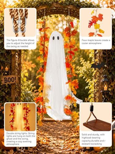 Medium Plus Hanging Ghost Halloween Decorations with Swing & Lights - 5.3ft Outdoor/Indoor Decor