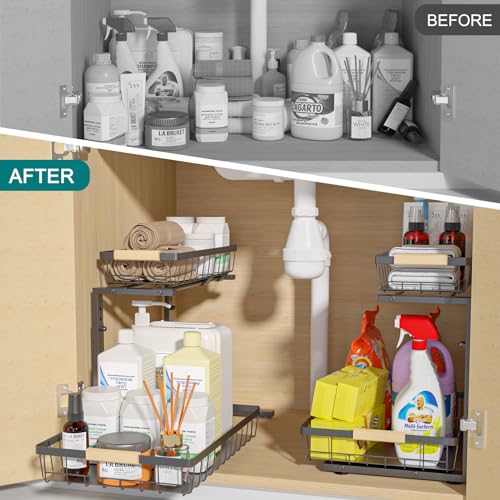 NATURE'S SOURCE Under Sink Organizers and Storage 1 Pack Height Adjustable 2 Tier Pull Out Cabinet Organizer Metal Slide Out Under Bathroom Kitchen Sink Organizers and Storage (Black, 1 pack)