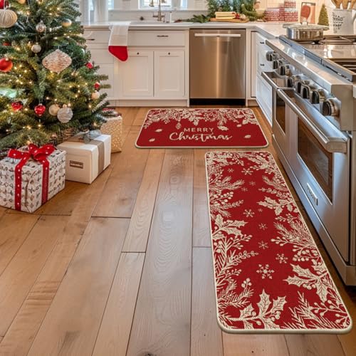 Christmas Holly Pine Branch Kitchen Mats Set of 2 - 24x35 & 24x59 Inches, Red Variation