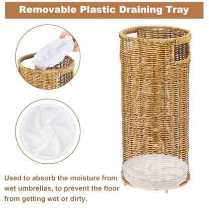Yellow-Brown Rattan Umbrella Holder Stand for Entryway, 17" Tall Indoor