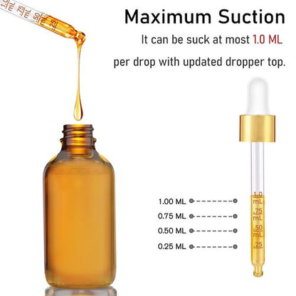 Bumobum 2 oz Dropper Bottle, Amber Glass Eye Dropper Bottles with Golden Top Cap for Essential Oils, 99 pack Tincture Bottle with Labels and Funnel