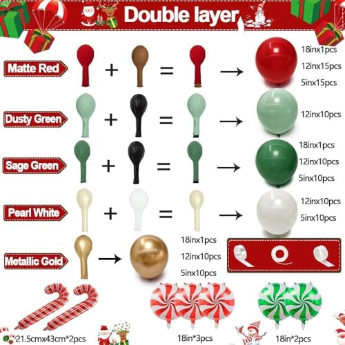 Double Layer Balloon Arch Kit Red Green White Pearl Candy Cane Holiday Decor