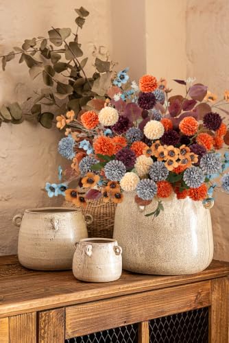 Artificial Fall Flowers Bouquet with Eucalyptus - Blue, Wine & Orange Variation